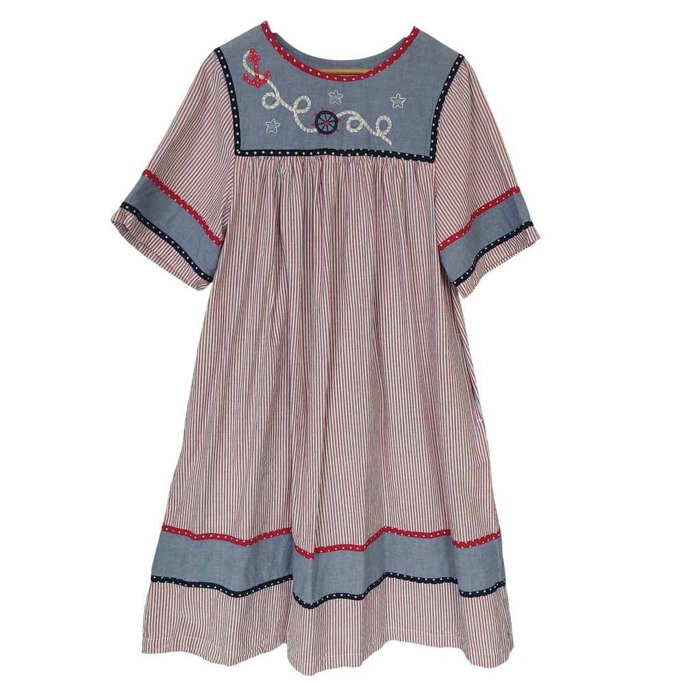 Go Softly Patio Nautical Anchor Striped Cotton Midi Dress‎ Size Medium